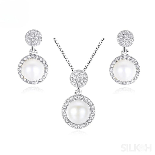 Micropaved Cubic Zirconia Sterling Silver Pearl Bridal Jewelry Set Ana