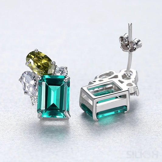 Rectangular Cut Sterling Silver Emerald Studs Earrings Anna