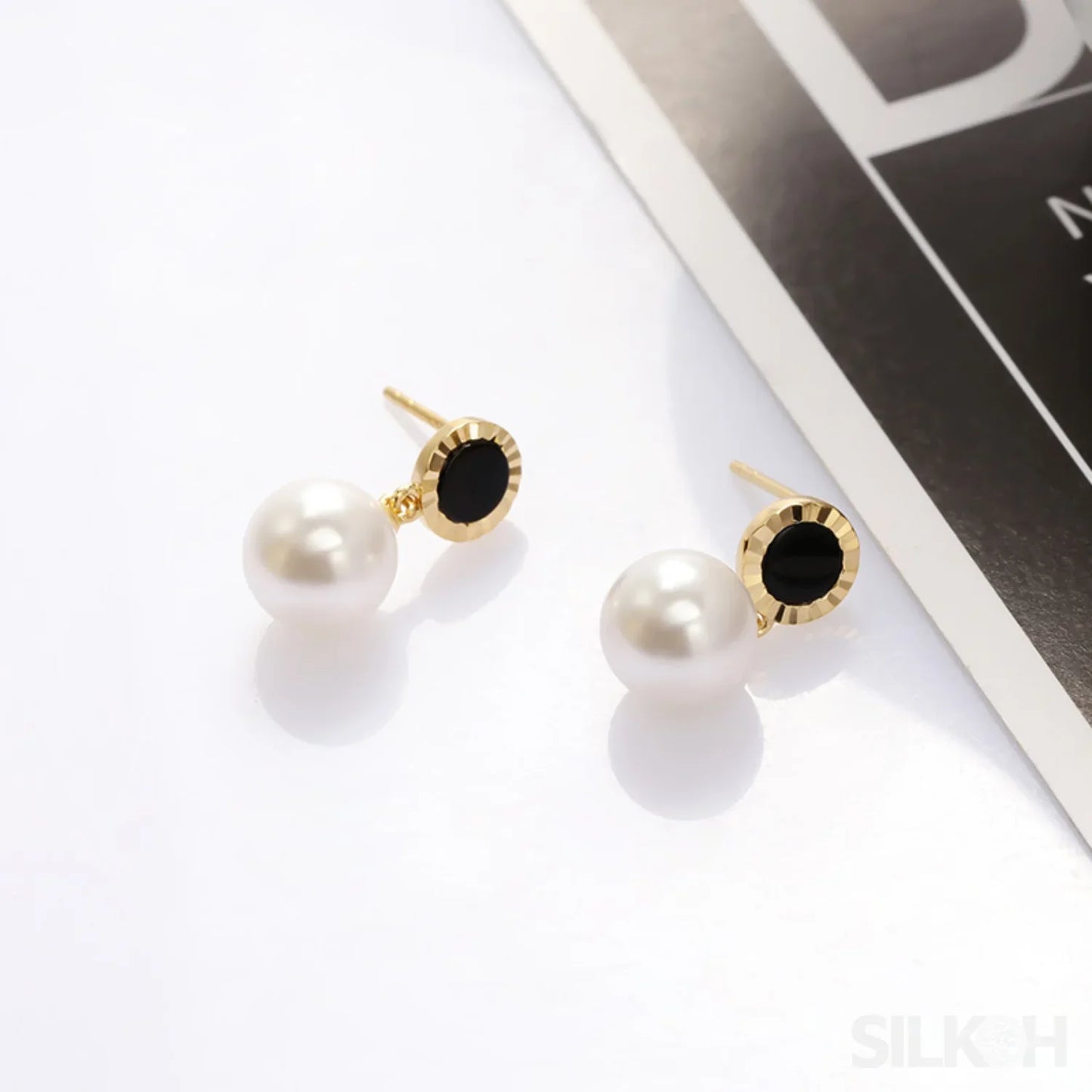 Round Gold Plated Sterling Silver Pearl Drop Stud Earrings Ivy