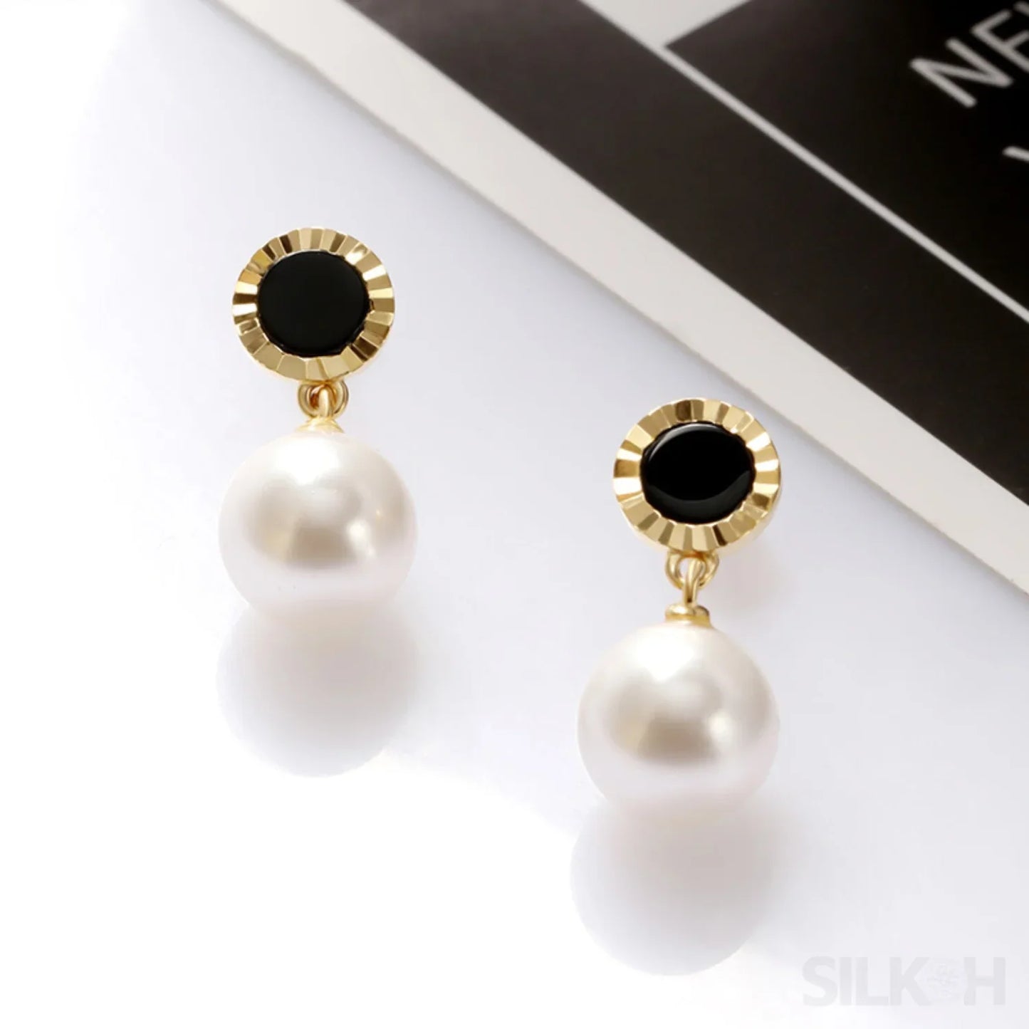 Round Gold Plated Sterling Silver Pearl Drop Stud Earrings Ivy