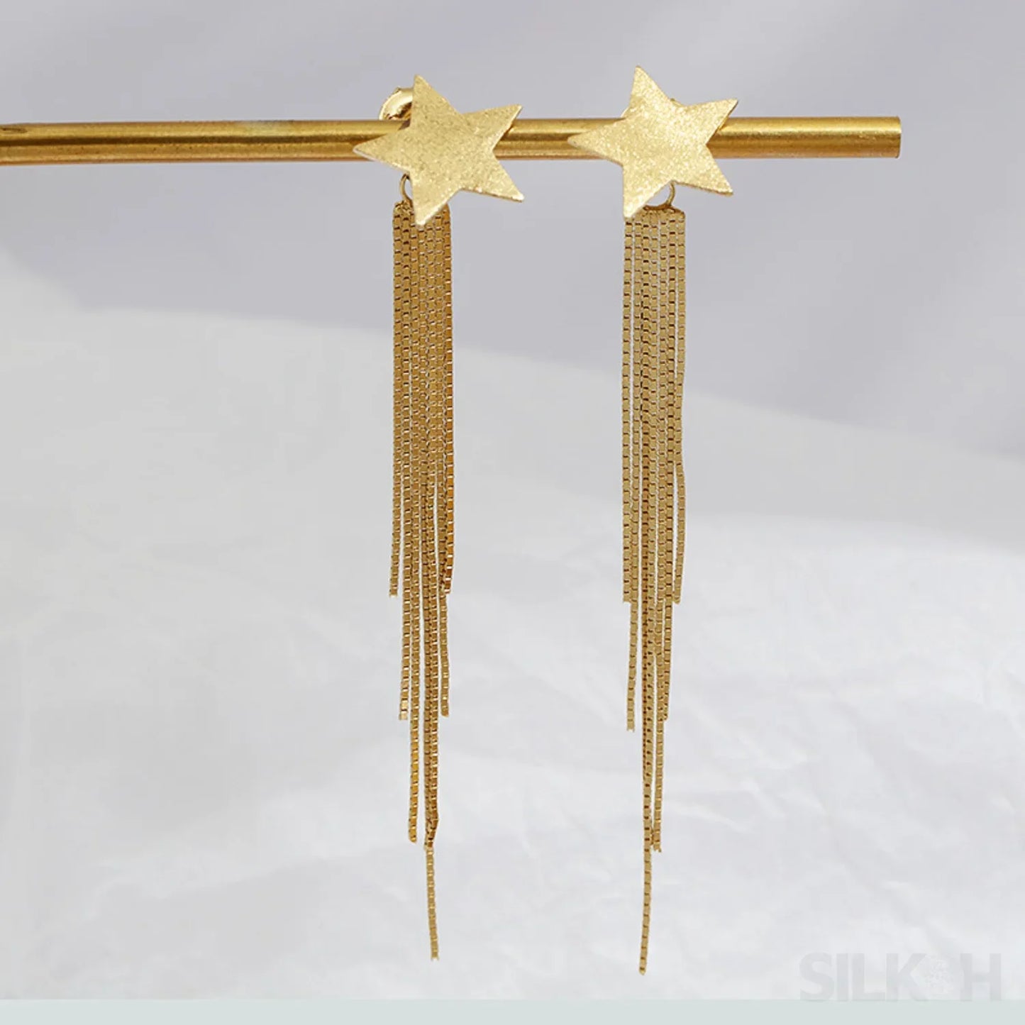 Simple 14K Gold Plated Sterling Silver Star Multi Chain Hanging Earrings Sky