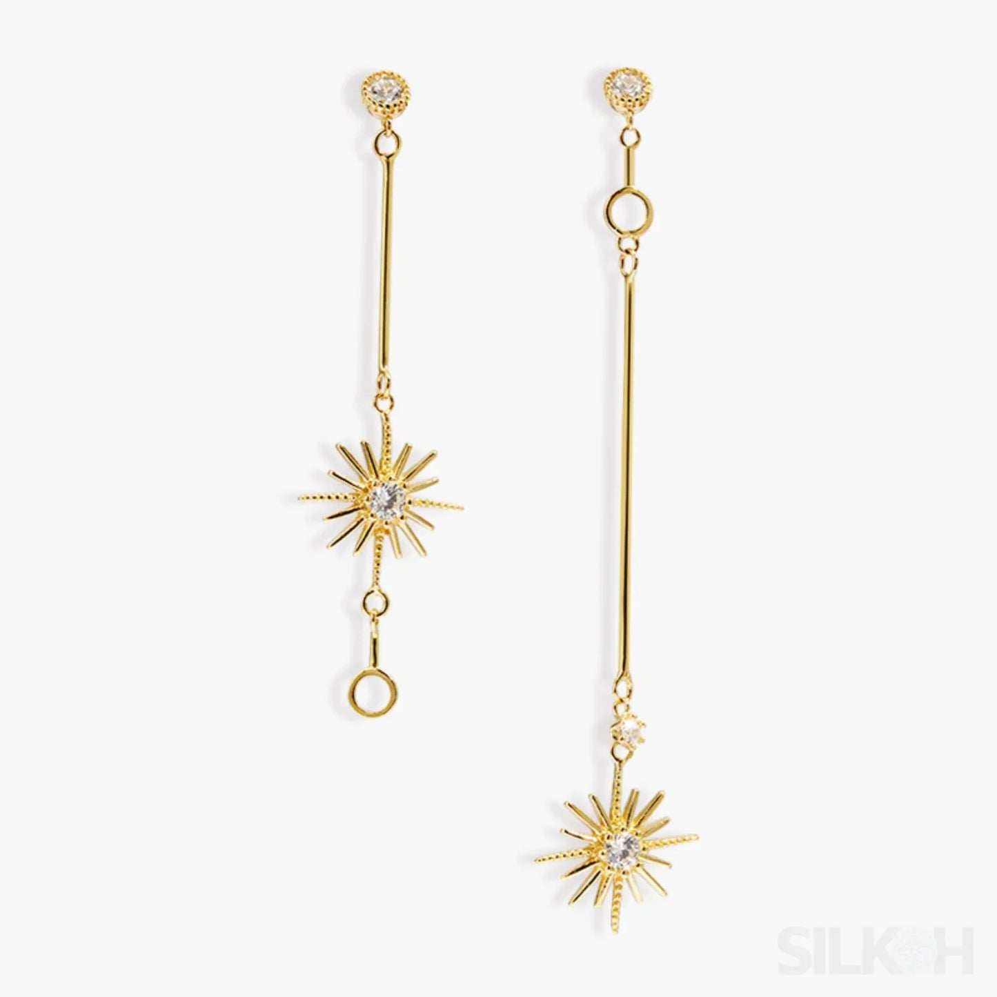 Star Shaped 14K Gold Plated Sterling Silver Long Stud Earrings Aurora