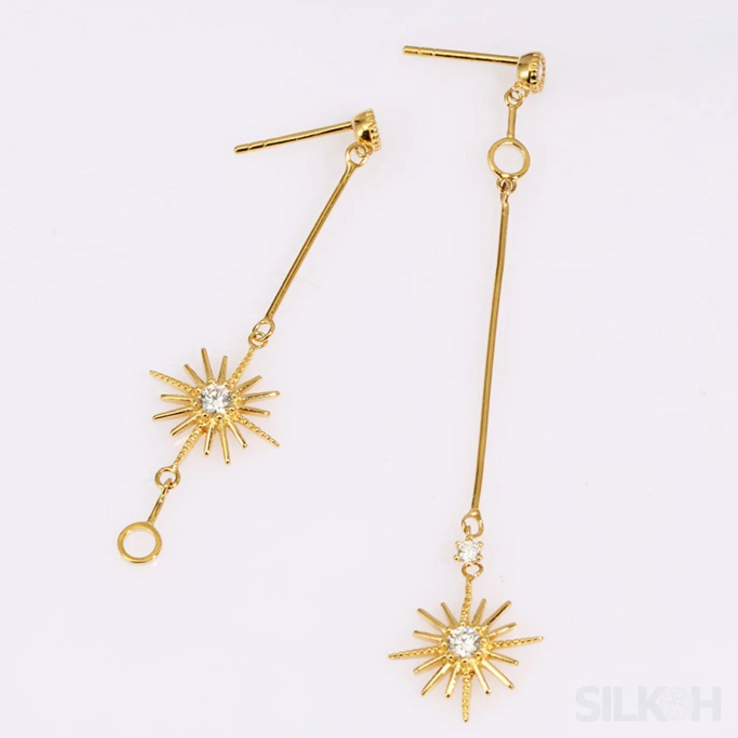 Star Shaped 14K Gold Plated Sterling Silver Long Stud Earrings Aurora