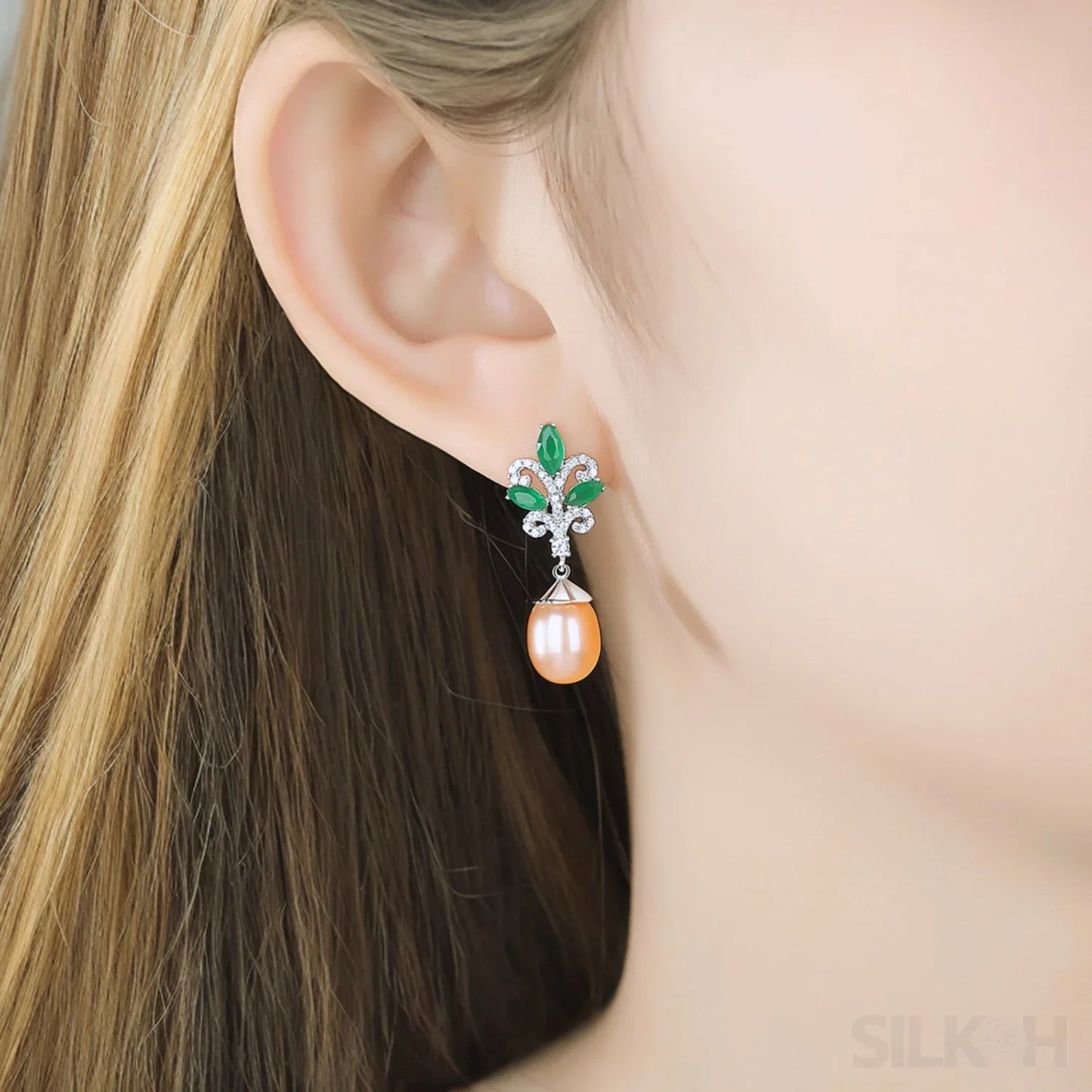 Sterling Silver Pearl Drop Emerald Leaf Earring Athena