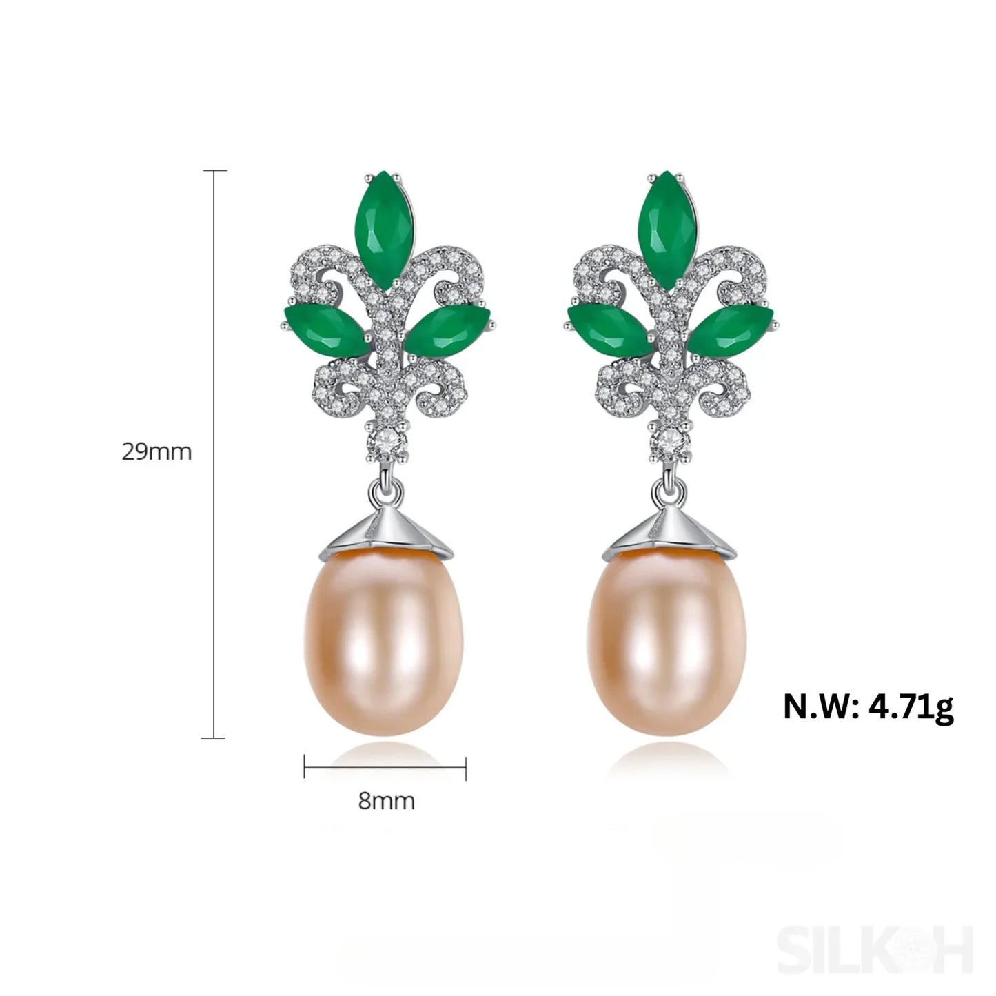 Sterling Silver Pearl Drop Emerald Leaf Earring Athena