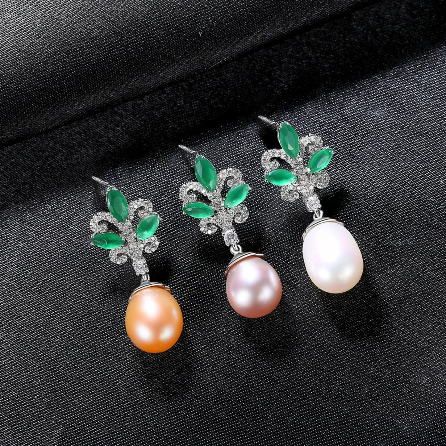 Sterling Silver Pearl Drop Emerald Leaf Earring Athena