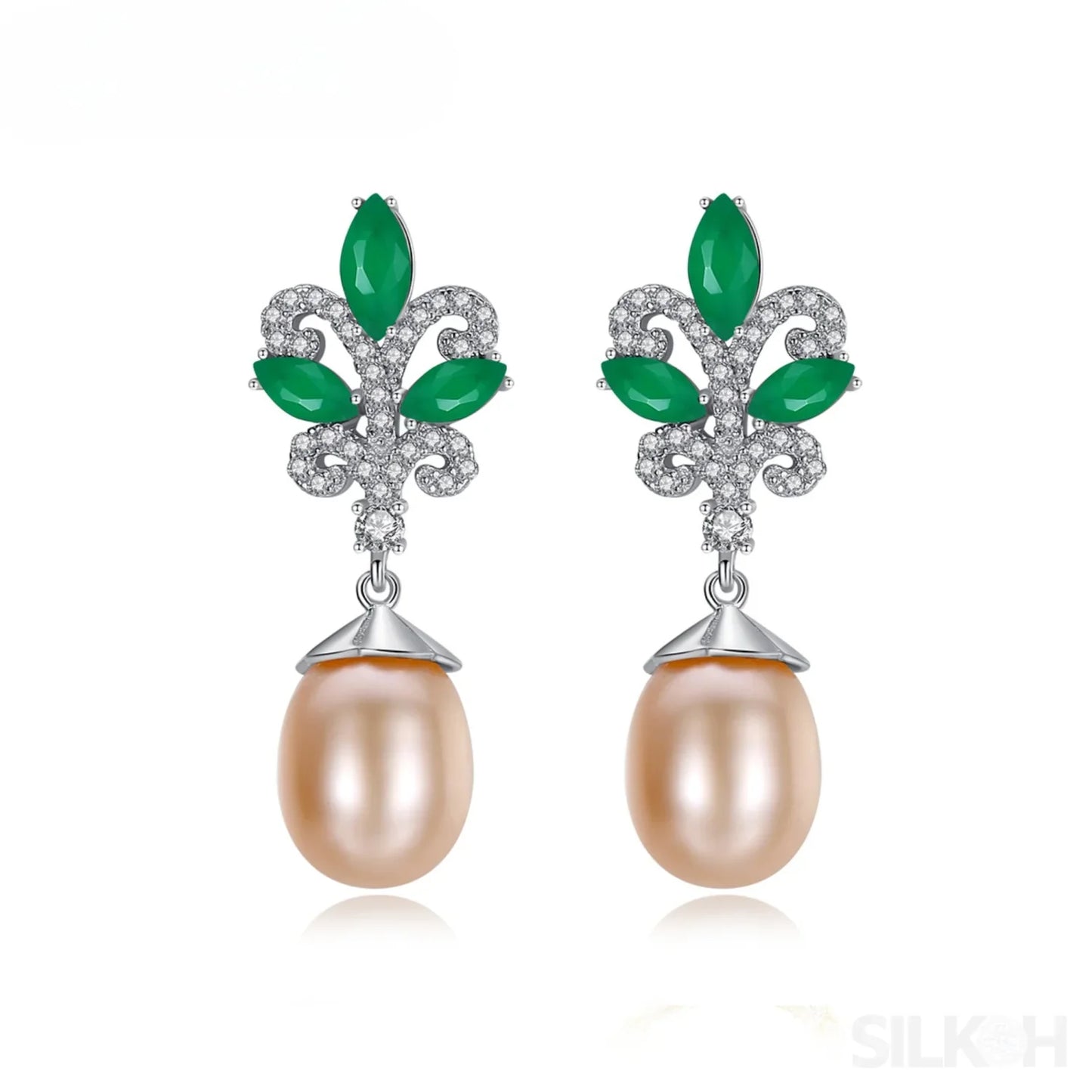 Sterling Silver Pearl Drop Emerald Leaf Earring Athena