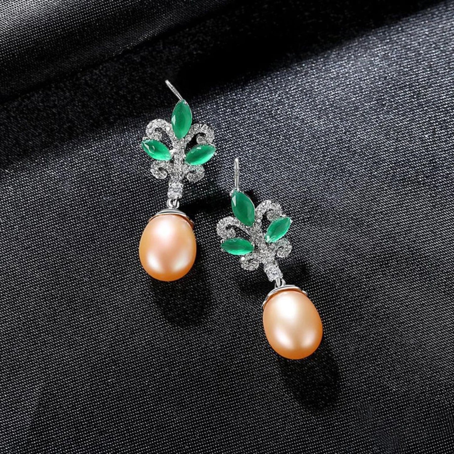 Sterling Silver Pearl Drop Emerald Leaf Earring Athena