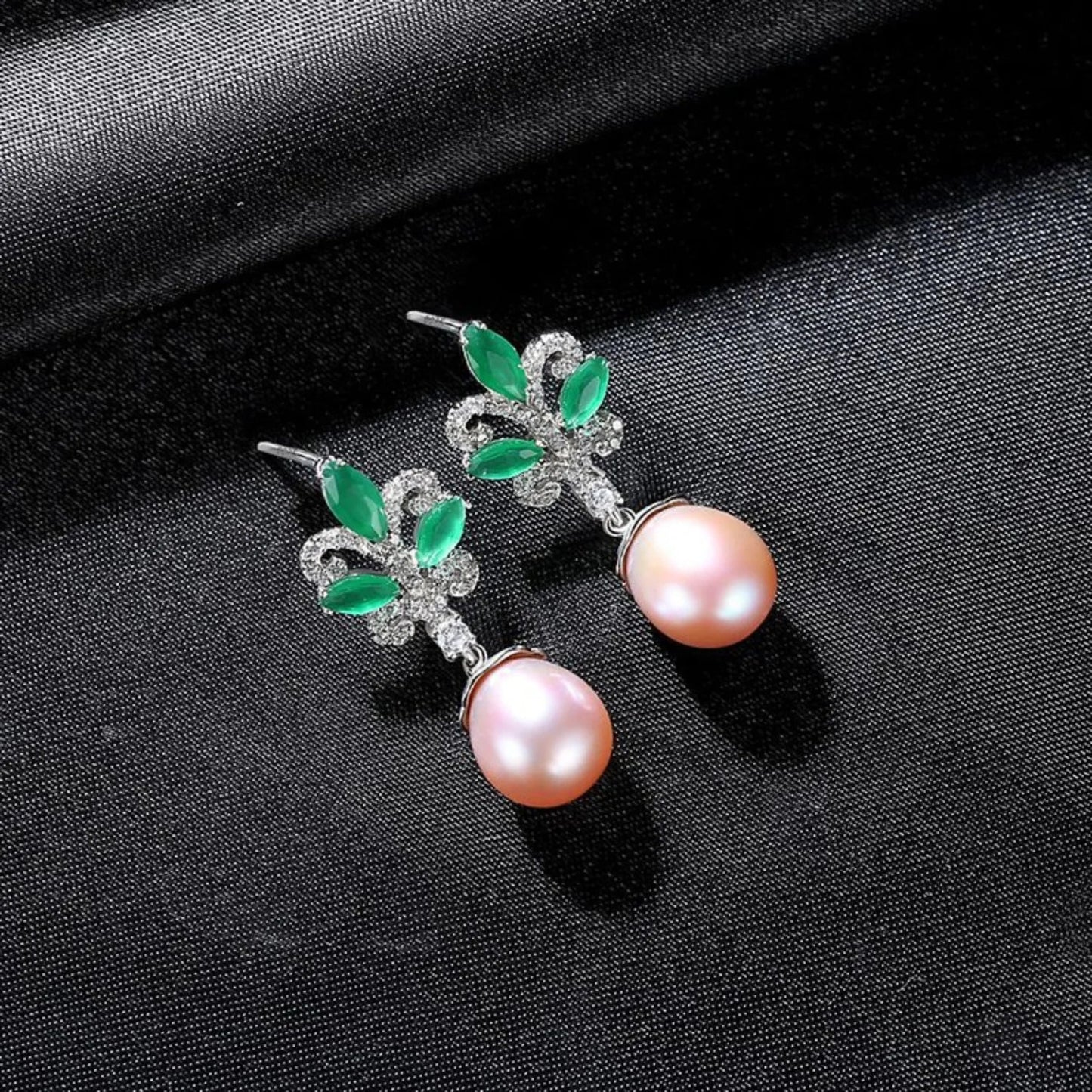 Sterling Silver Pearl Drop Emerald Leaf Earring Athena