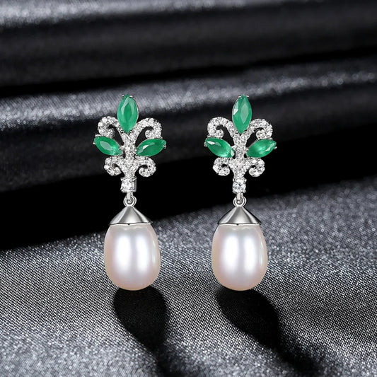 Sterling Silver Pearl Drop Emerald Leaf Earring Athena