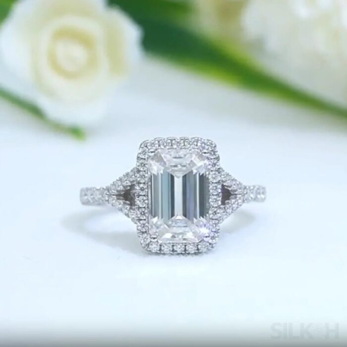 4 Carat Moissanite Sterling Silver Emerald Cut Engagement Ring Ariel - Sassygrove
