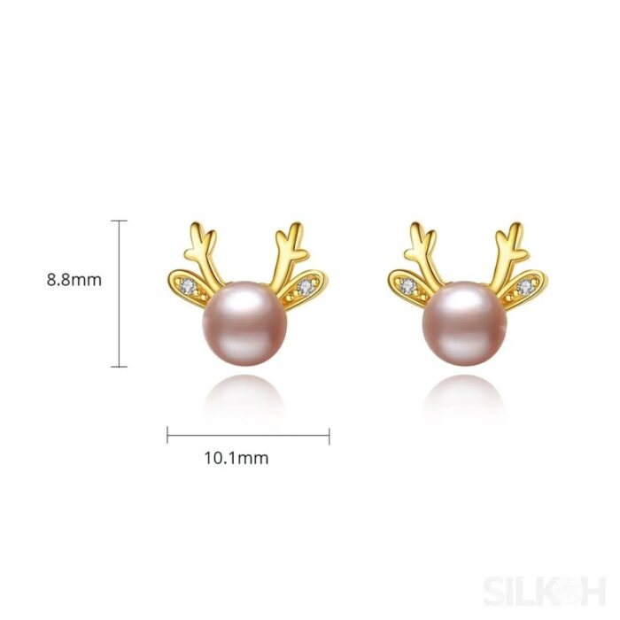 Cute Deer Sterling Silver Natural Pearl Stud Earrings Cam - Sassygrove