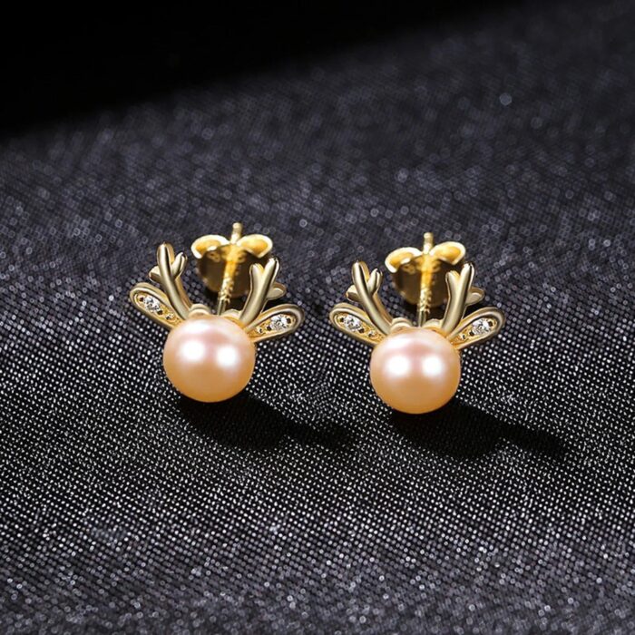 Cute Deer Sterling Silver Natural Pearl Stud Earrings Cam - Sassygrove