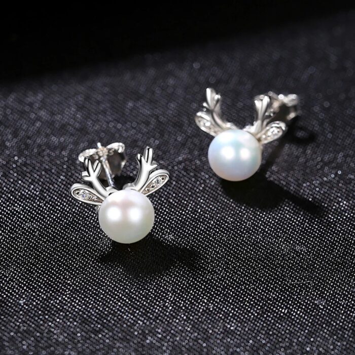 Cute Deer Sterling Silver Natural Pearl Stud Earrings Cam - Sassygrove