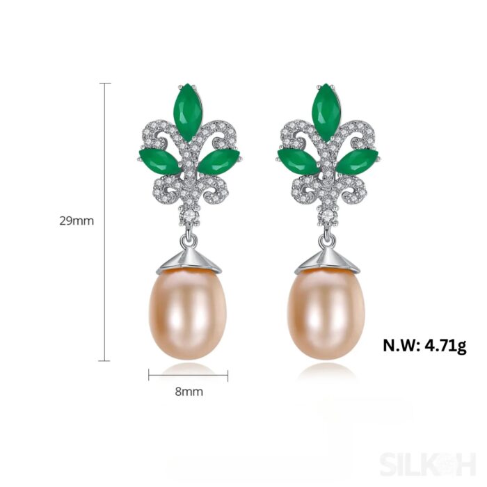 Sterling Silver Pearl Drop Emerald Leaf Earring Athena - Sassygrove