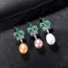 Sterling Silver Pearl Drop Emerald Leaf Earring Athena - Sassygrove