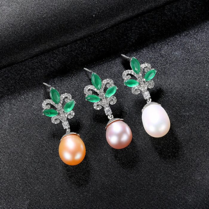 Sterling Silver Pearl Drop Emerald Leaf Earring Athena - Sassygrove