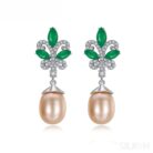 Sterling Silver Pearl Drop Emerald Leaf Earring Athena - Sassygrove