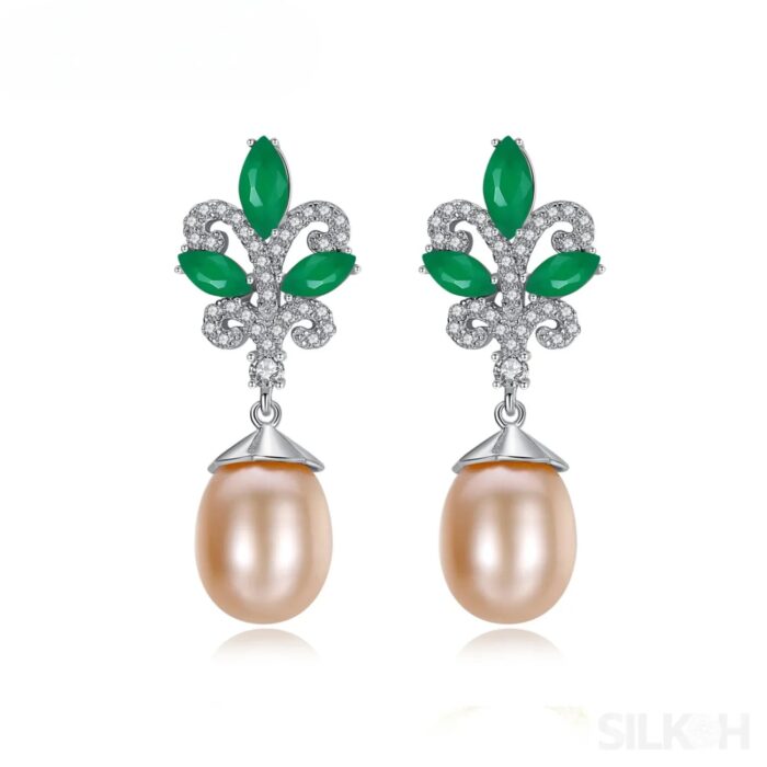Sterling Silver Pearl Drop Emerald Leaf Earring Athena - Sassygrove