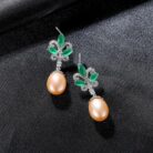 Sterling Silver Pearl Drop Emerald Leaf Earring Athena - Sassygrove
