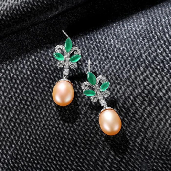 Sterling Silver Pearl Drop Emerald Leaf Earring Athena - Sassygrove