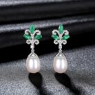 Sterling Silver Pearl Drop Emerald Leaf Earring Athena - Sassygrove