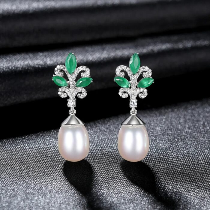 Sterling Silver Pearl Drop Emerald Leaf Earring Athena - Sassygrove